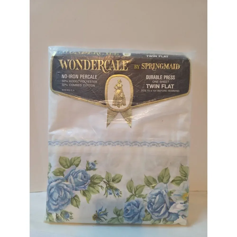 Wondercale Twin Flat No Iron Percale Made In USA Blue Roses Floral